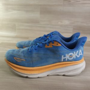 hoka clifton 9 running shoes mens 9.5 blue orange 1127895 csaa sneakers