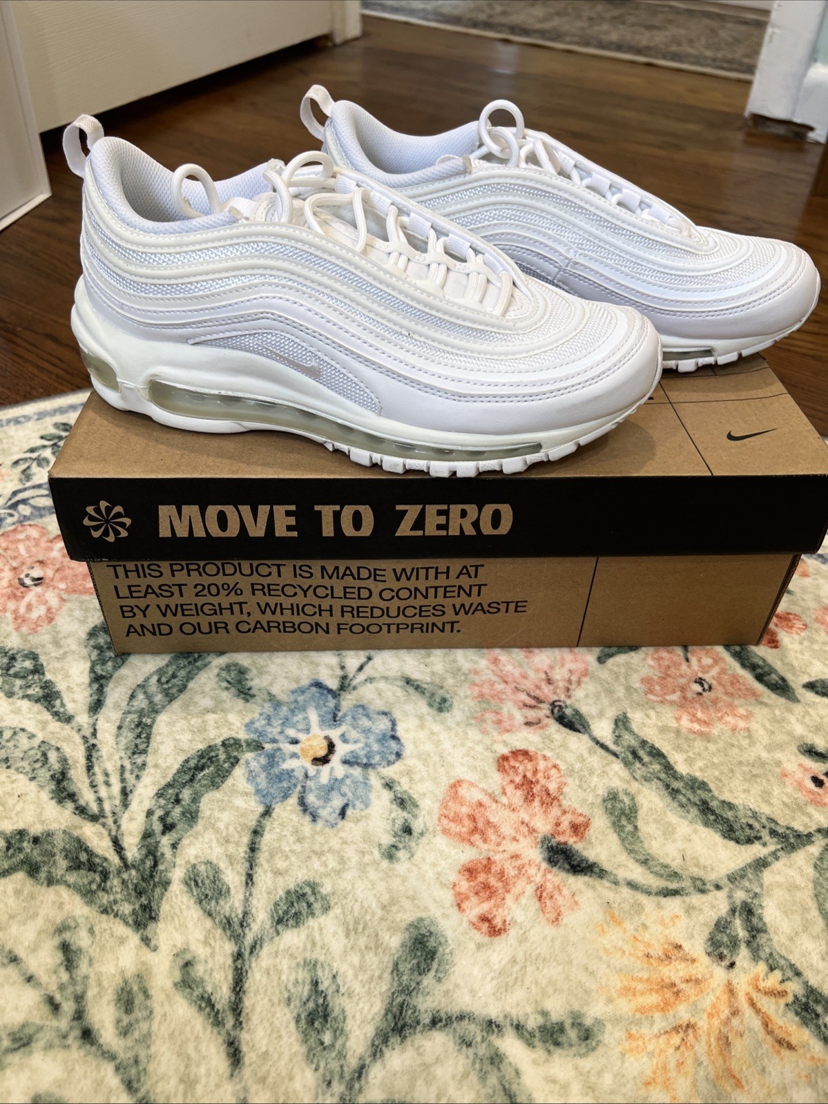 Nike Air Max 97 Triple White sneakers, which feature a ripple design Nike Air Max 97 Triple White sneakers, which feature a ripple design
