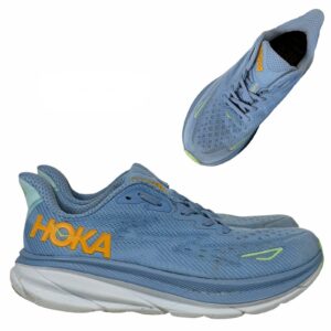 hoka clifton 9 wide mens 9.5 2e blue orange running shoes 1132210 dll sneaker