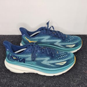 hoka one clifton 9 mens size 13 d shoes teal blue gold orange sneakers