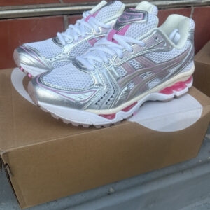 asics gel kayano 14 women’s running sneakers white/silver/pink mesh 1203a667 100