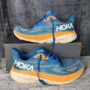 hoka one one clifton 9 blue orange running shoes mens 9.5 1127895 csaa