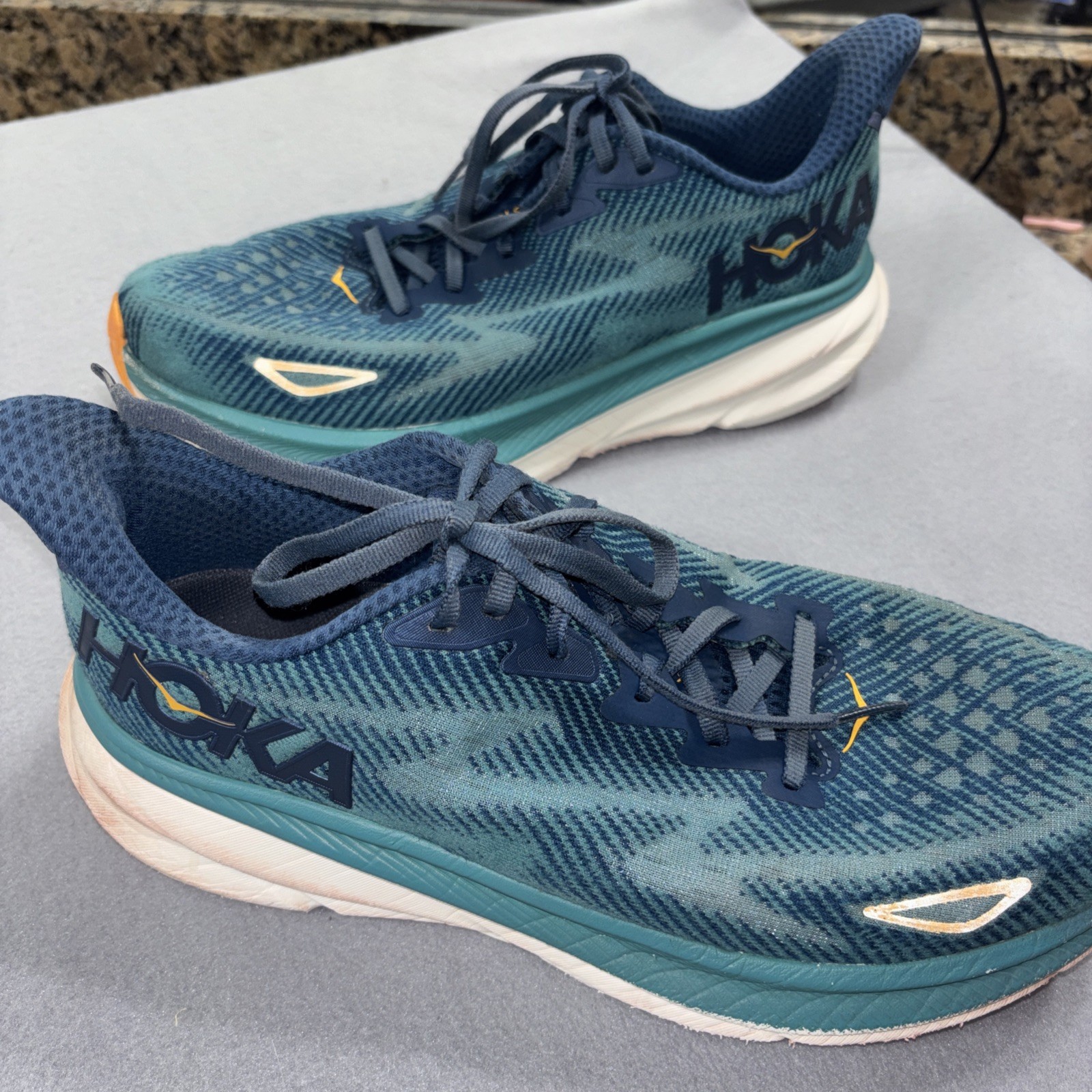 hoka clifton 9 mens sz 9.5 running shoes teal blue gold orange sneakers 1127895 hoka clifton 9 mens sz 9.5 running shoes teal blue gold orange sneakers 1127895