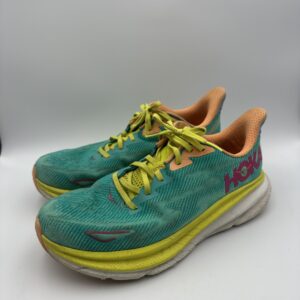 hoka one one clifton 9 mens size 11.5d blue orange yellow running shoes 1127895