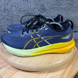 asics gel kayano 31 running shoes mens size 10.5 indigo blue yellow sneakers