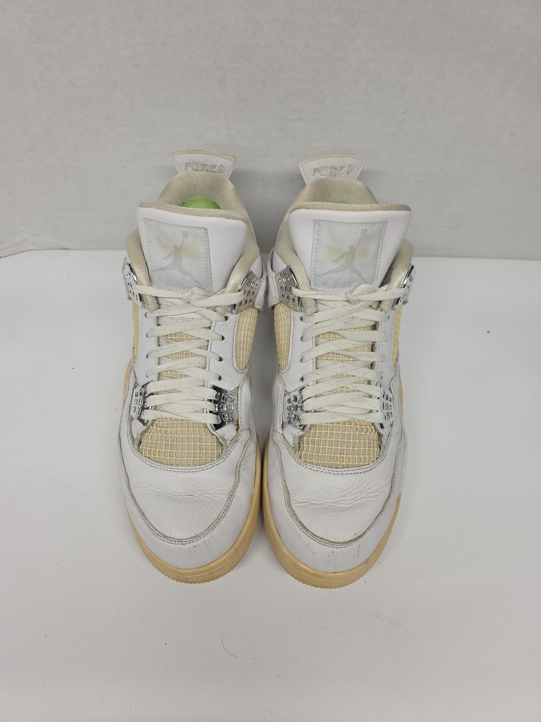 nike air jordan 4 retro pure money white silver men's sz 13. 308497 102 nike air jordan 4 retro pure money white silver men's sz 13. 308497 102