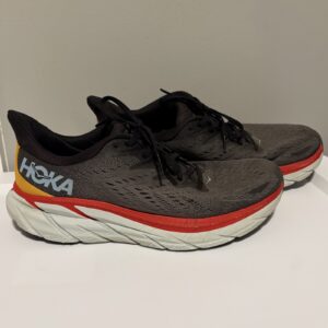 hoka one clifton 8 mens sz 11 d running shoes tennis sneakers gray red yellow