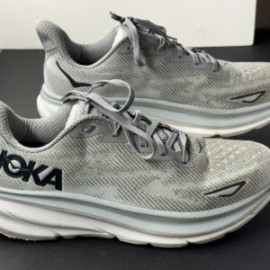 mens hoka clifton 9 size 12d gray w/ light blue trim shoe sneaker unused insoles